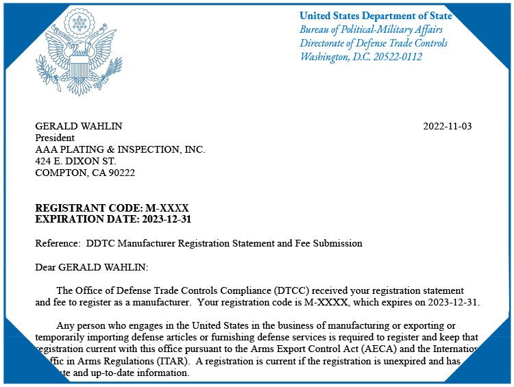 ITAR Approval Cert